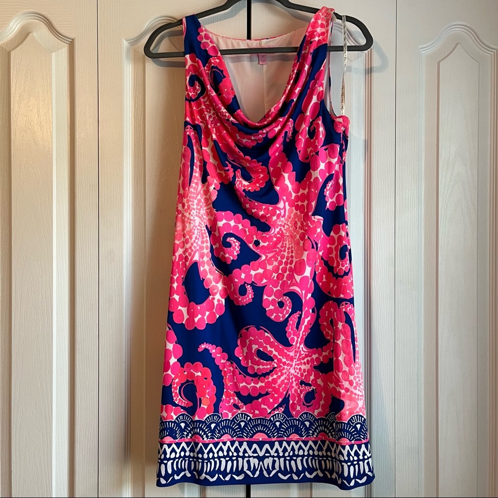 Lilly Pulitzer sleeveless silk Dress Blue Pink Octopus Coastal Size Medium